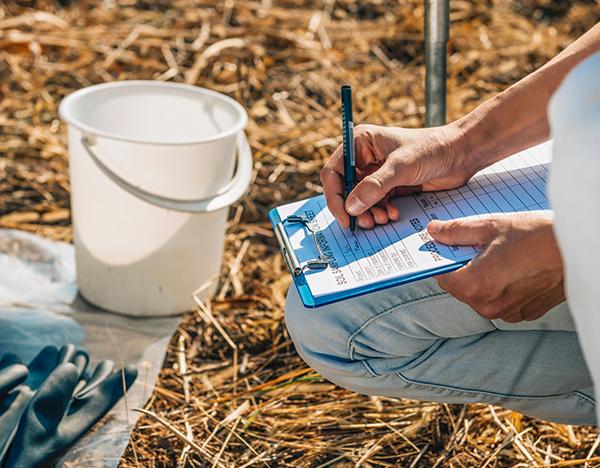 Environmental technician collecting soil sample for contamination testing